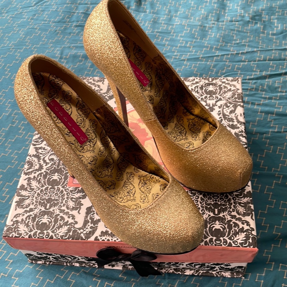 Bordello pleaser gold glitter heels size 7